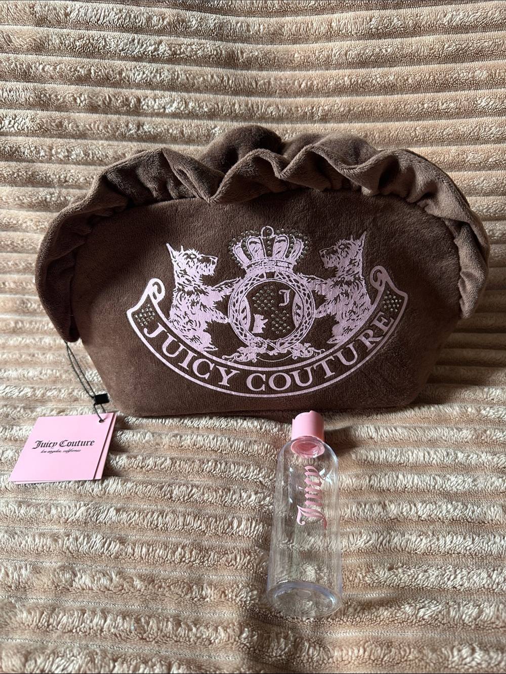Juicy Couture Brown Velvet Cosmetic Pouch with Pink Crest